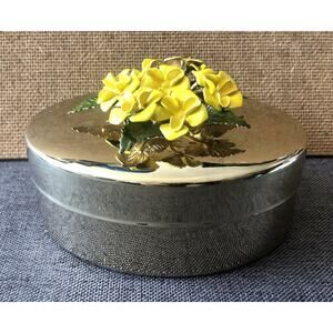 Vintage Metal Oval Trinket Box Gift Presenter Yellow Enamel Flowers Mann Korea